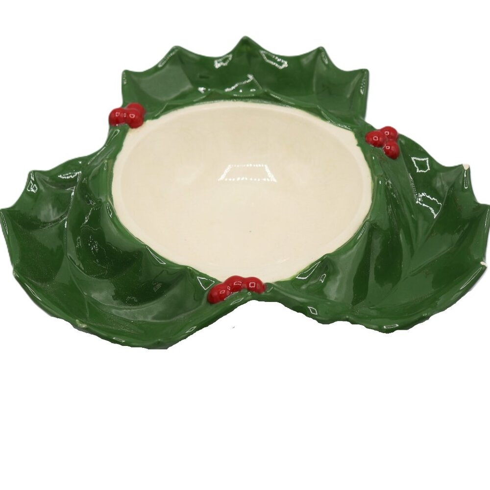 Vintage 1979 Holly Christmas Divide 4 Section Bowl Serving Dip Tray